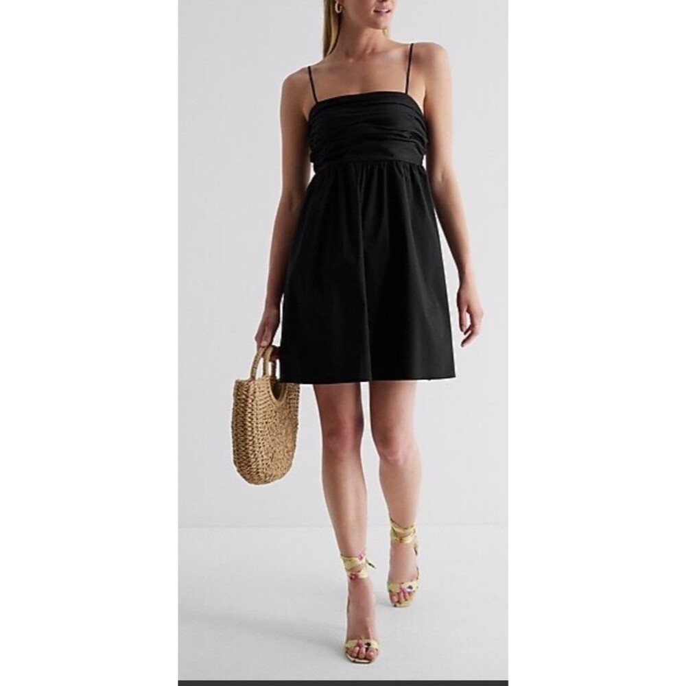 Express Square Neck Ruched Mini Babydoll Mini Dress Bow Spaghetti Straps NWT Med